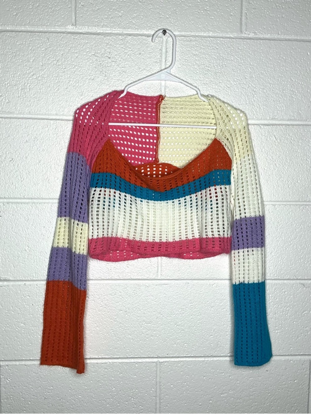 < Colorful Colorblock Open Knit Cropped Top > - Picture 2 of 3